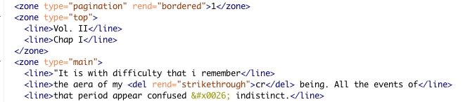 Screenshot of TEI encoding of first page of volume II of Frankenstein manuscript